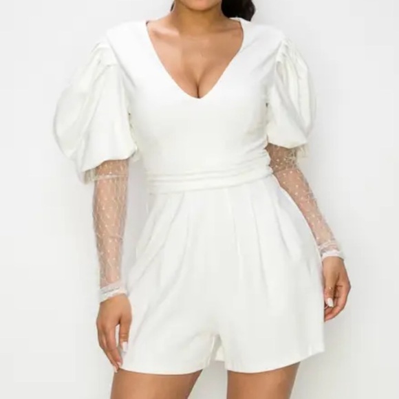 CHIC LONG SLEEVE WITH PUFF SLEEVE PLEATED FRONT ROMPER WHITE NEW NWT SZ S mesh - Picture 2 of 12